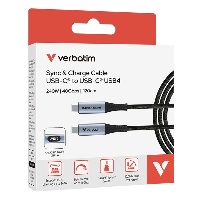 Verbatim Sync & Charge USB-C to USB-C 240W 40 Gbps Display 120 cm