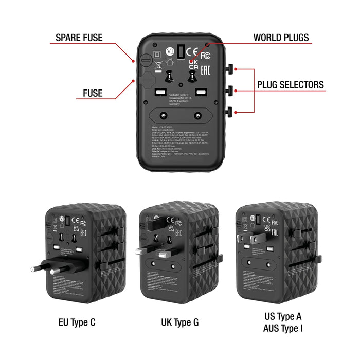 Verbatim UTA-05 GaN III Universal Travel Adapter with 2 x USB-C PD 65W & QC 4+ / 2 x USB-A