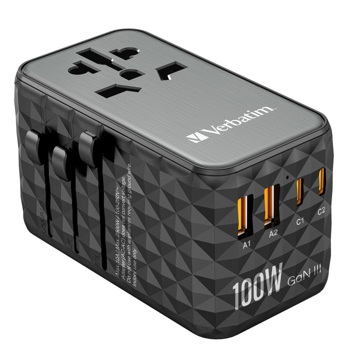 Verbatim UTA-06 GaN III Universal Travel Adapter with 2 x USB-C PD 100W & QC 4+ / 2 x USB-A QC 3.0