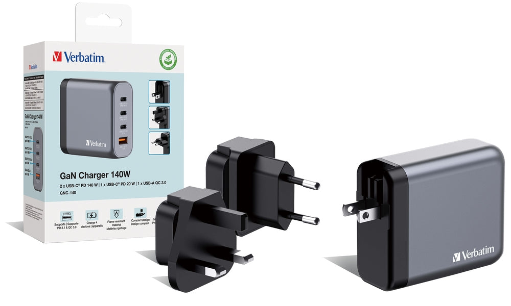 Verbatim GNC-140 GaN Charger 4 Port 140W USB A/C (EU/UK/US)