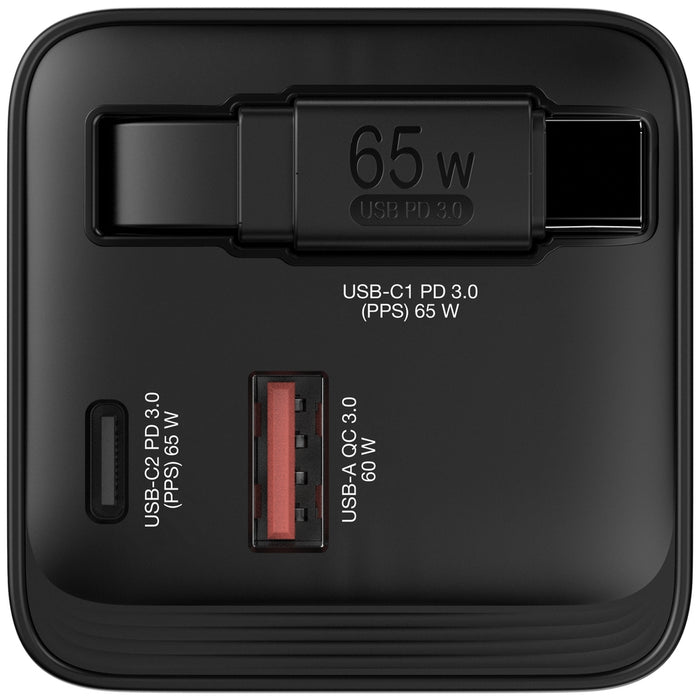 Verbatim Mini GaN Charger 65W 2 Port retractable cable display US plugs with EU and UK adaptors