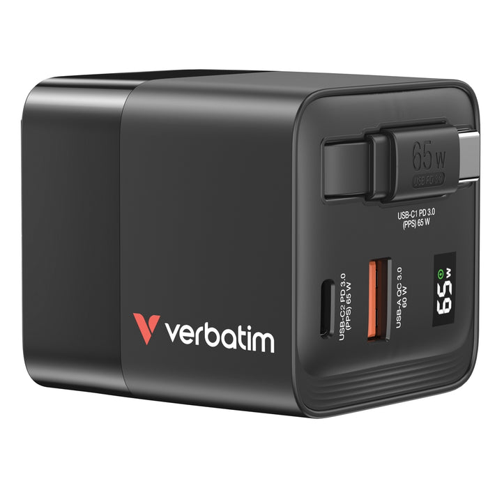 Verbatim Mini GaN Charger 65W 2 Port retractable cable display US plugs with EU and UK adaptors
