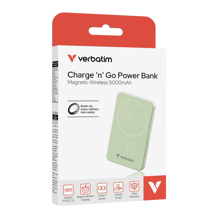 Verbatim Charge 'n' Go Essentials Power Bank Magnetic Wireless 5000mAh Green