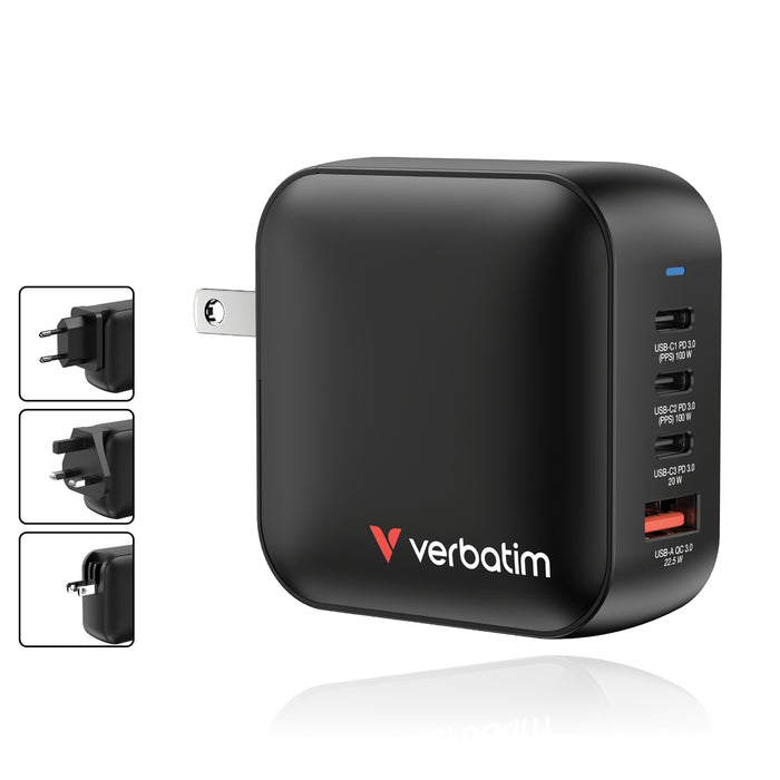 Verbatim Mini GaN Charger 100W 4 Port US plug with EU and UK adaptors