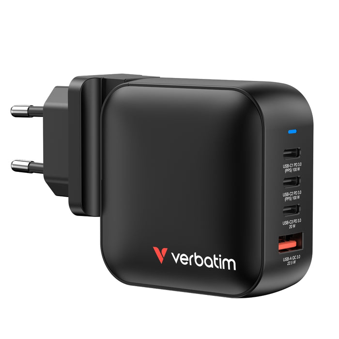 Verbatim Mini GaN Charger 100W 4 Port US plug with EU and UK adaptors