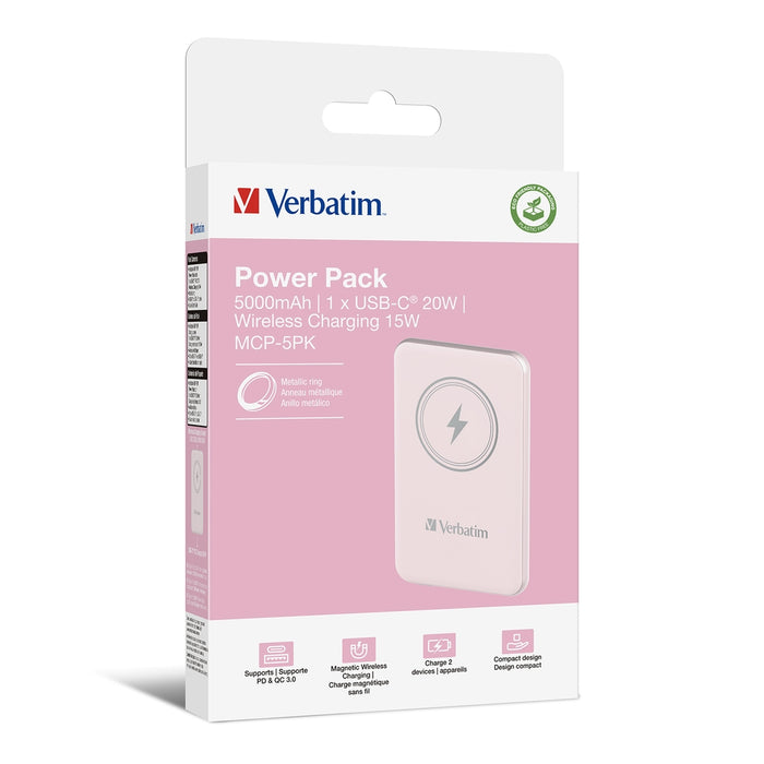 Verbatim MCP-5PK Power Pack 5000 mAh with UBS-C PD 20W / Magnetic Wireless Charging 15W Pink