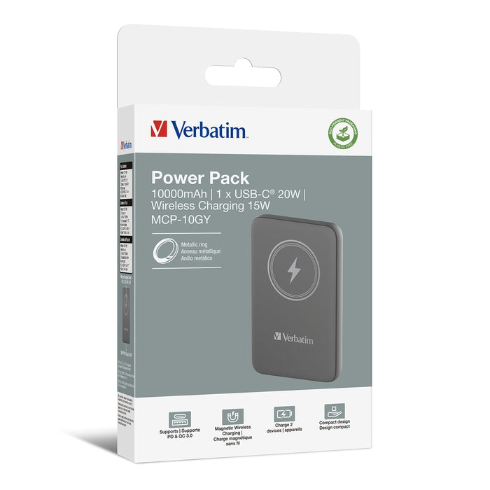 Verbatim MCP-10GY Power Pack 10000 mAh with UBS-C PD 20W / Magnetic Wireless Charging 15W Grey