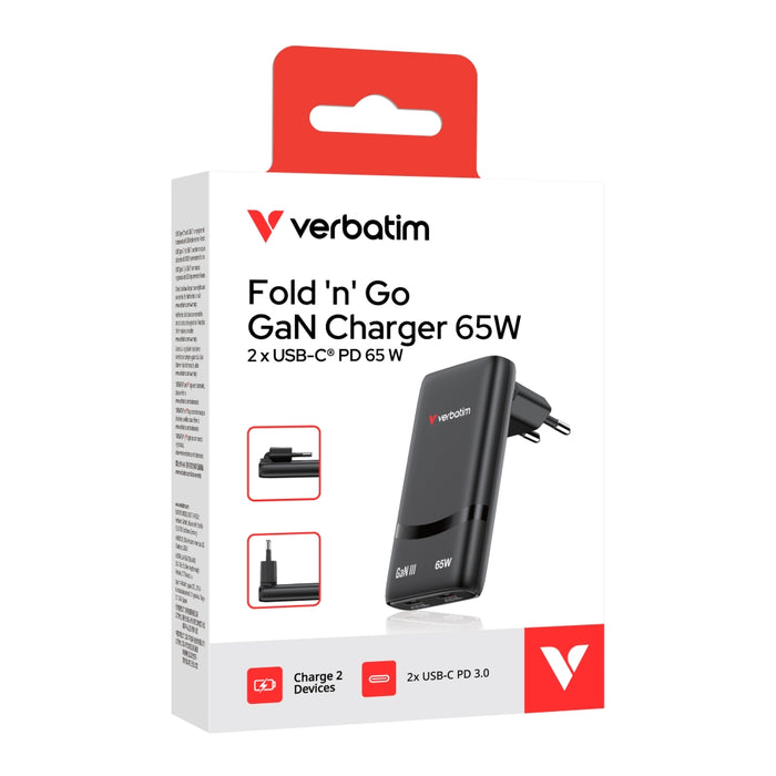 Verbatim Fold 'n' Go GaN Charger 65W EU plug Black
