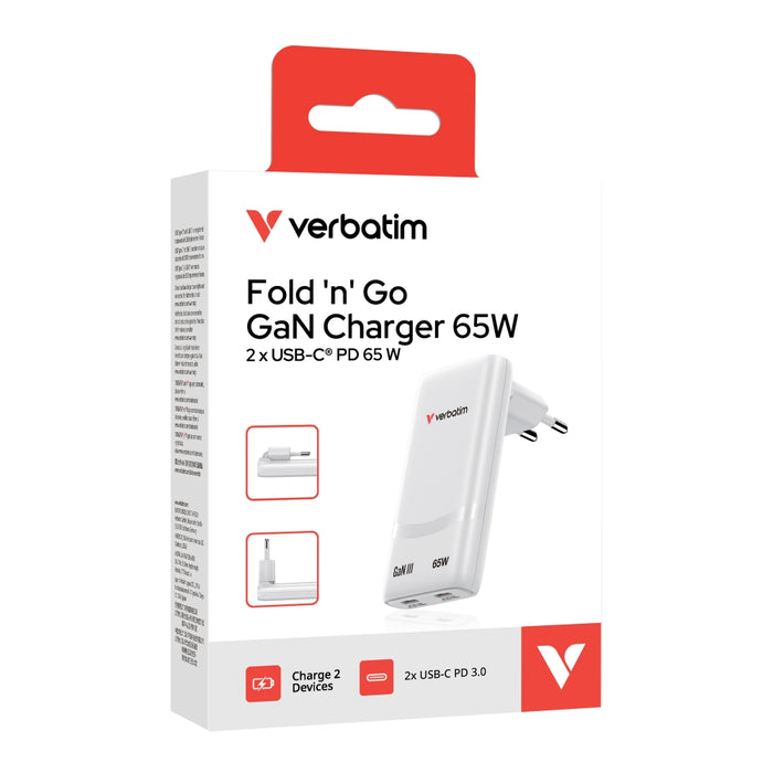 Verbatim Fold 'n' Go GaN Charger 65W EU plug White