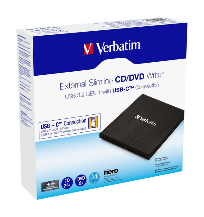 Verbatim External Slimline CD/DVD Writer USB 3.2 Gen 1/USB-C