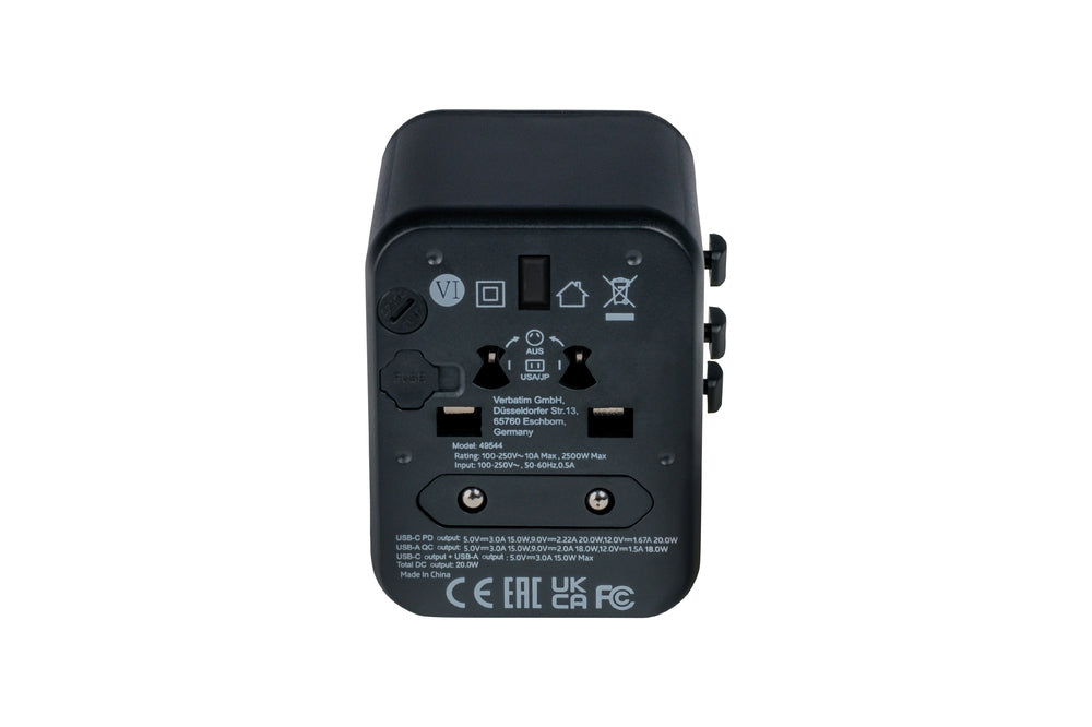 Verbatim UTA-02 Universal Travel Adapter with 1 x USB-C PD 20W / 1 x USB-A QC 3.0