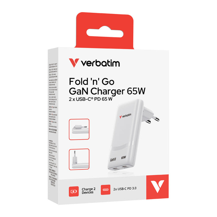 Verbatim Fold 'n' Go GaN Charger 65W EU plug White