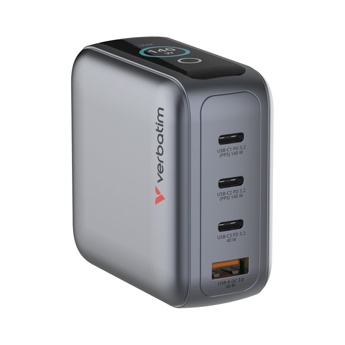 Verbatim Mini GaN Charger 140W with Display + 140W USB-C to USB-C Cable (Charger and Data transfer) Grey
