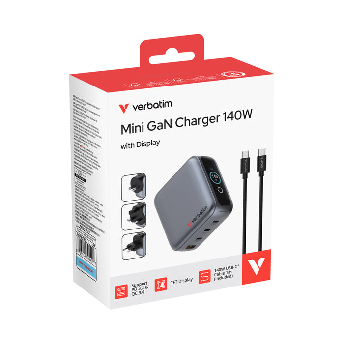Verbatim Mini GaN Charger 140W with Display + 140W USB-C to USB-C Cable (Charger and Data transfer) Grey