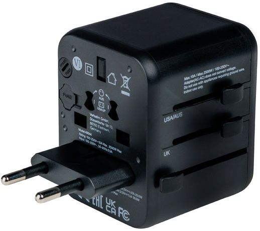 Verbatim UTA-02 Universal Travel Adapter with 1 x USB-C PD 20W / 1 x USB-A QC 3.0