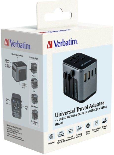 Verbatim UTA-03 Universal Travel Adapter with 1 x USB-C PD 30W & QC 3.0 / 2 x USB-C / 2 x USB-A