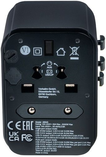 Verbatim UTA-03 Universal Travel Adapter with 1 x USB-C PD 30W & QC 3.0 / 2 x USB-C / 2 x USB-A