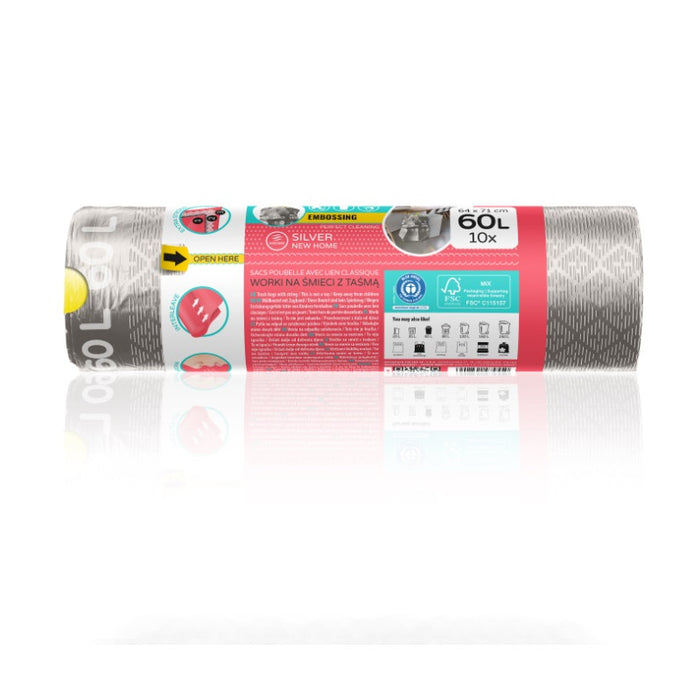 GARBAGE BAGS SILVER 60L WITH TIE 10PCS. PREMIUM #1 VIGO