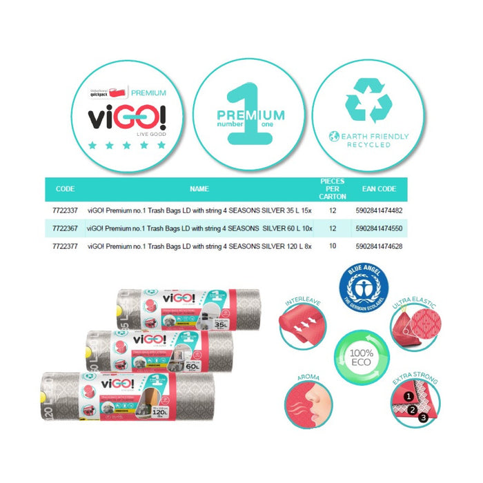 GARBAGE BAGS SILVER 120L WITH TIE 8PCS. PREMIUM #1 VIGO