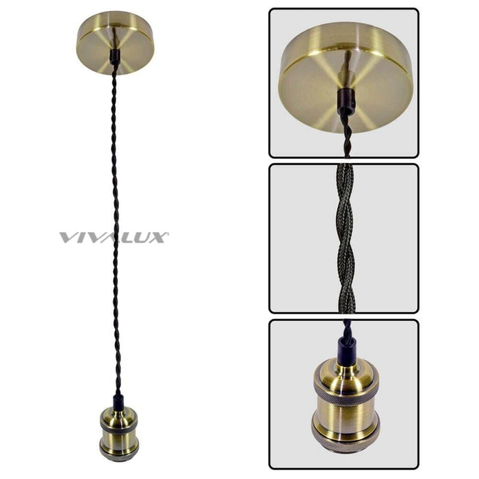 PENDANT E27 RETRO ANTIQUE GOLD WITH BLACK TWISTED CABLE VIVALUX