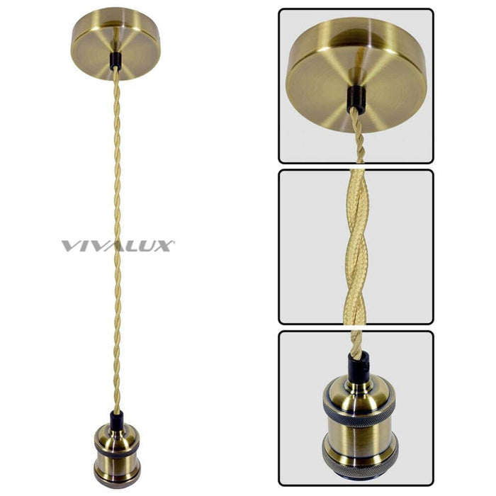 PENDANT E27 RETRO ANTIQUE GOLD WITH BEIGE TWISTED CABLE VIVALUX
