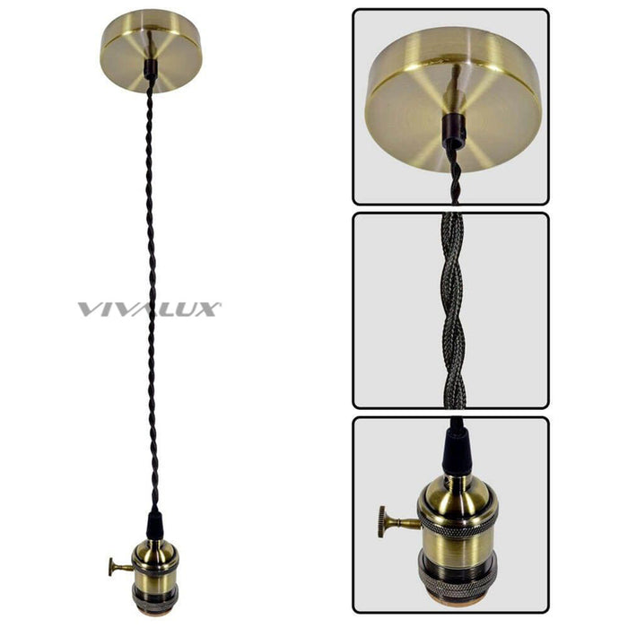 PENDANT E27 WITH SWITCH RETRO GOLD WITH BLACK TWISTED CABLE VIVALUX