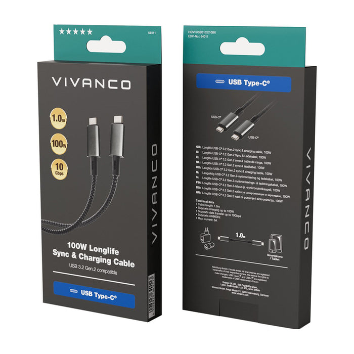 Cable VIVANCO USB C 3.2 LONGLIFE 1 m 64011 up to 100 W and up to 10 Gbps
