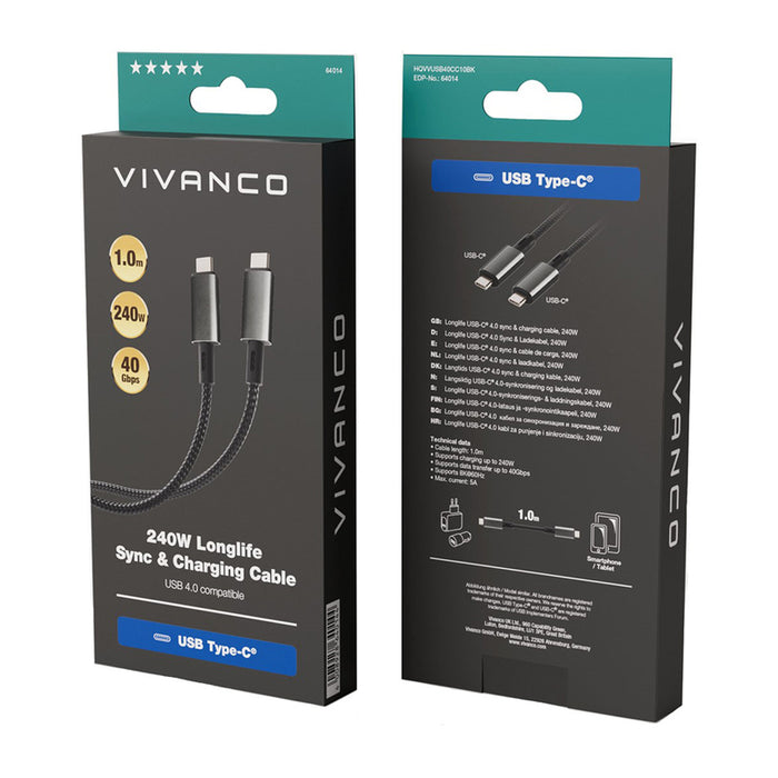 Cable VIVANCO USB C 4.0 LONGLIFE 1 m 640124 up to 240 W and up to 40 Gbps