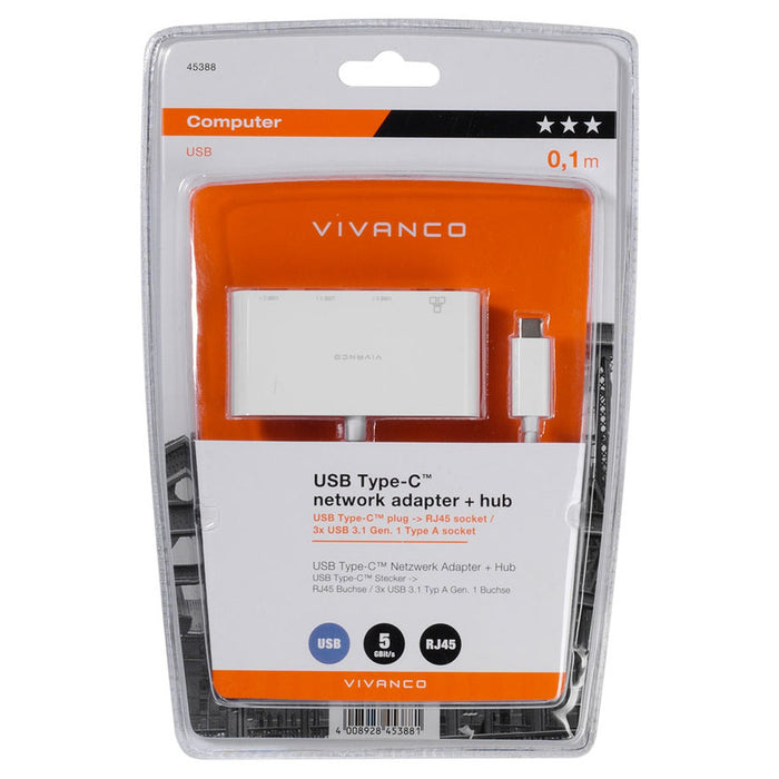 USB HUB VIVANCO USB C->LAN+3x USB 45388
