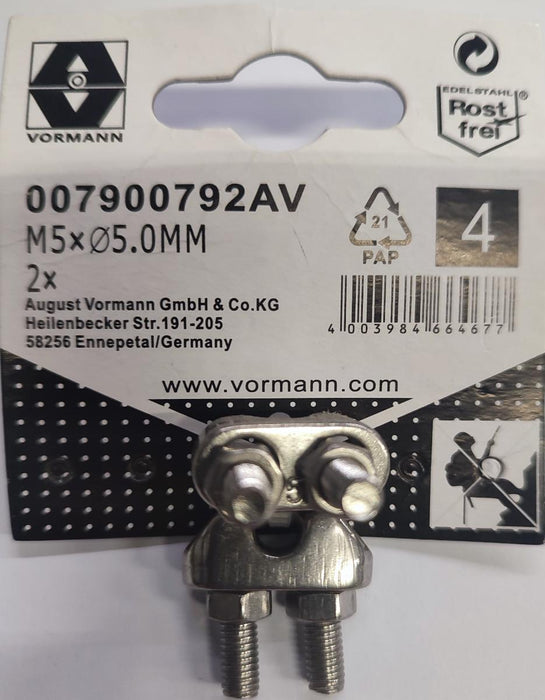 STAINLESS STEEL CABLE CLAMP VRN 5MM M5 2PCS