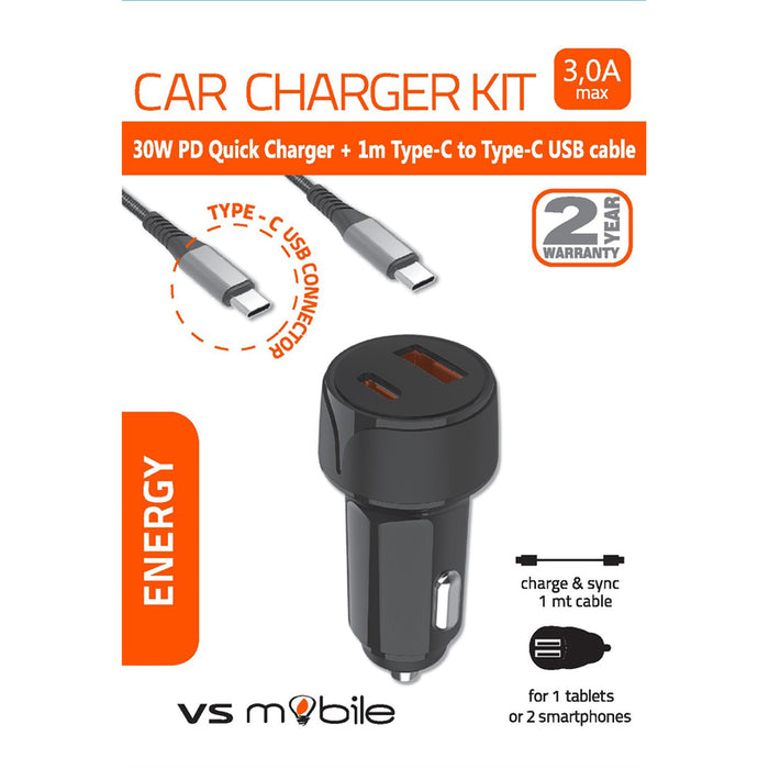 CHARGER 12V VSMOBILE 15W USB-A+C+CABLE
