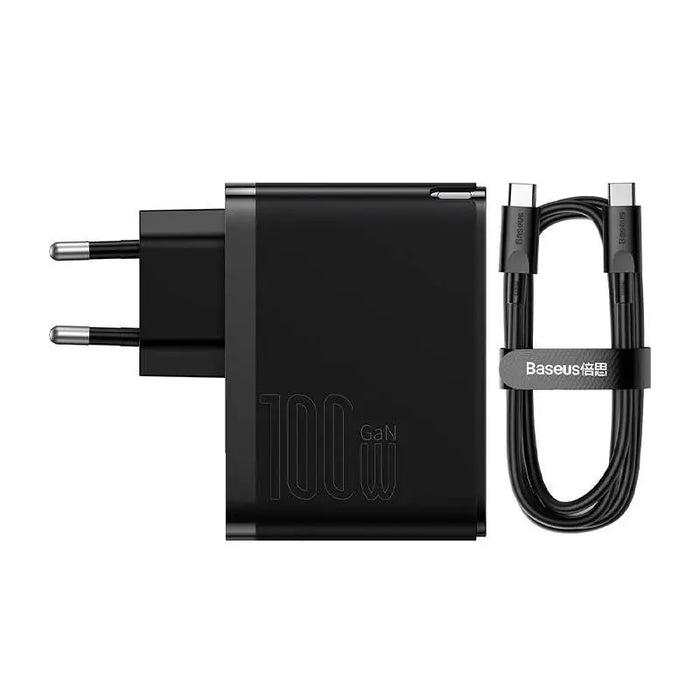 Wall charger Baseus GaN USB-C + USB 100W + 1m cable (black) - mains chargers<<<Chargers<<<GSM