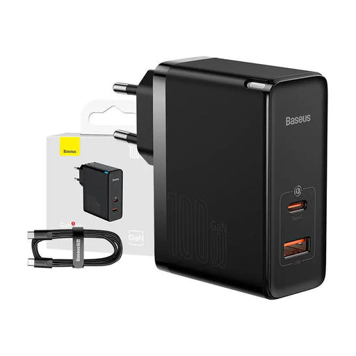 Wall charger Baseus GaN USB-C + USB 100W + 1m cable (black) - mains chargers<<<Chargers<<<GSM