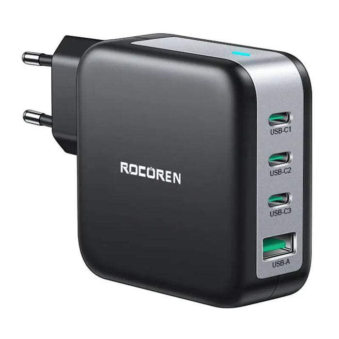 Wall charger GaN Rocoren 3x USB-C 1x USB Power Delivery 3.0 100W (black) - mains chargers<<<Chargers<<<GSM