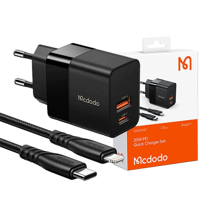 Wall charger Mcdodo CH-1952 USB + USB-C 20W + USB-C to Lightning cable (black) - mains chargers<<<Chargers<<<GSM