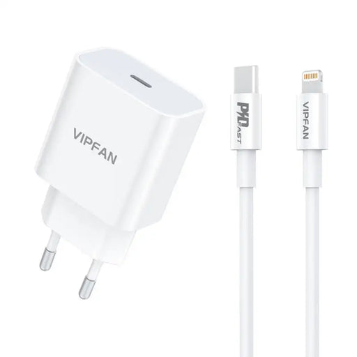 Wall charger VFAN E04 USB-C 20W QC 3.0 + Lightning cable (white) - mains chargers<<<Chargers<<<GSM