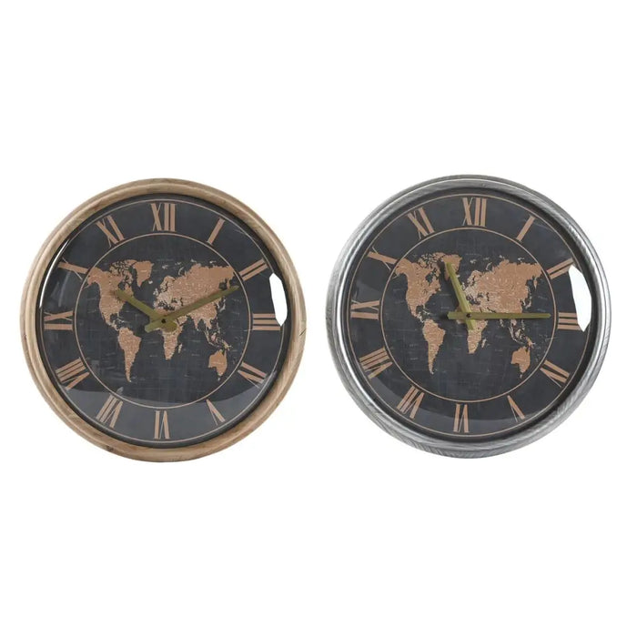 Wall Clock DKD Home Decor 46 x 6,5 x 46 cm Crystal Silver Black Golden Brown Iron World Map (2 Units) - Декорация и