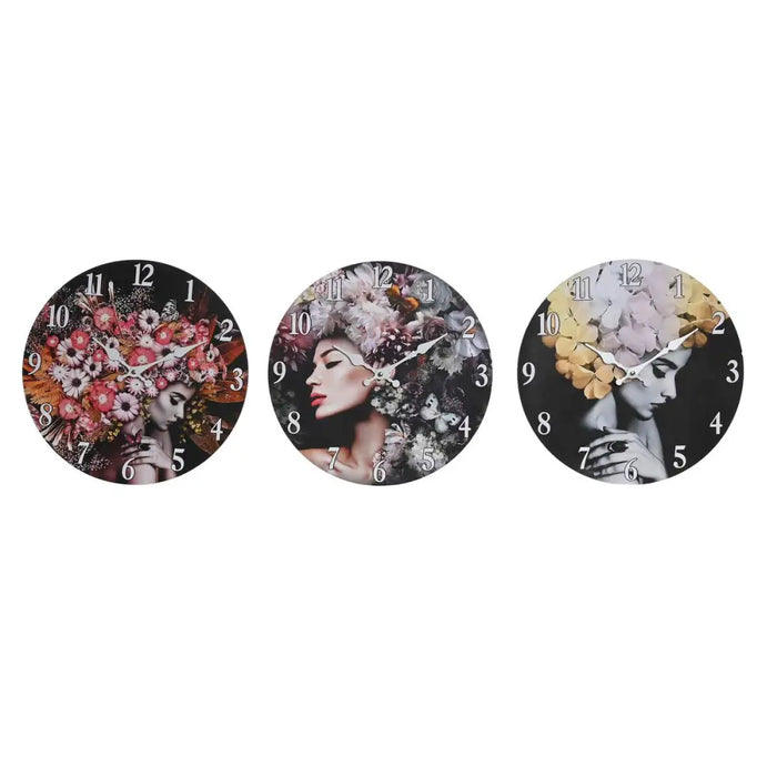 Wall Clock DKD Home Decor Black Multicolour Flowers Modern MDF Wood (34 x 4 x 34 cm) (3 Units) - Декорация и