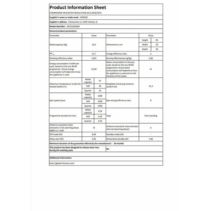 Washing machine Hisense WF5S1045BW 59,5 cm 1400 rpm 10,5 kg - Почистване Прахосмукачки И Гладене<<<Дом