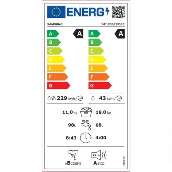 Washing machine with dryer SAMSUNG WD18DB8995BZT2 18/11 kg All in One Combo Wi-Fi class A 1000 rpm - Перални със