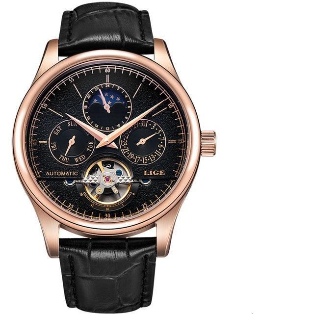 Waterproof male quartz watch LIGE 6826 moon phase - Gold - Black - Men’s Watches