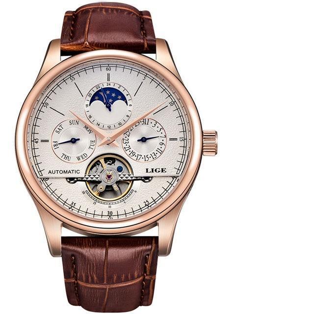 Waterproof male quartz watch LIGE 6826 moon phase - Gold - White - Men’s Watches