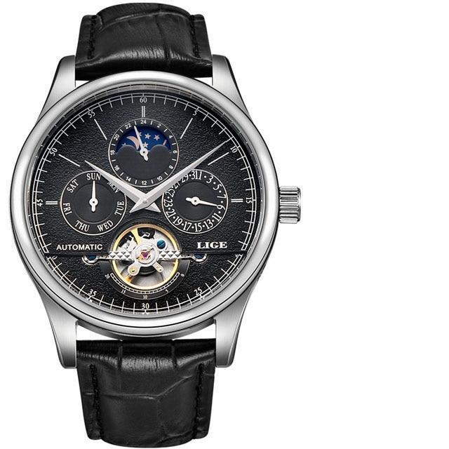 Waterproof male quartz watch LIGE 6826 moon phase - Silver-Black - Men’s Watches