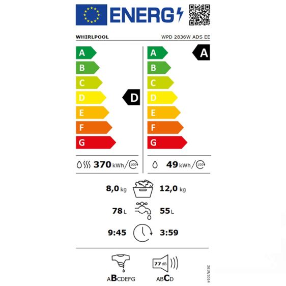 Washer dryer WHIRLPOOL WPD 2836W ADS EE, 12/8 kg, 6th SENSE, FreshCare+, 1400 rpm.