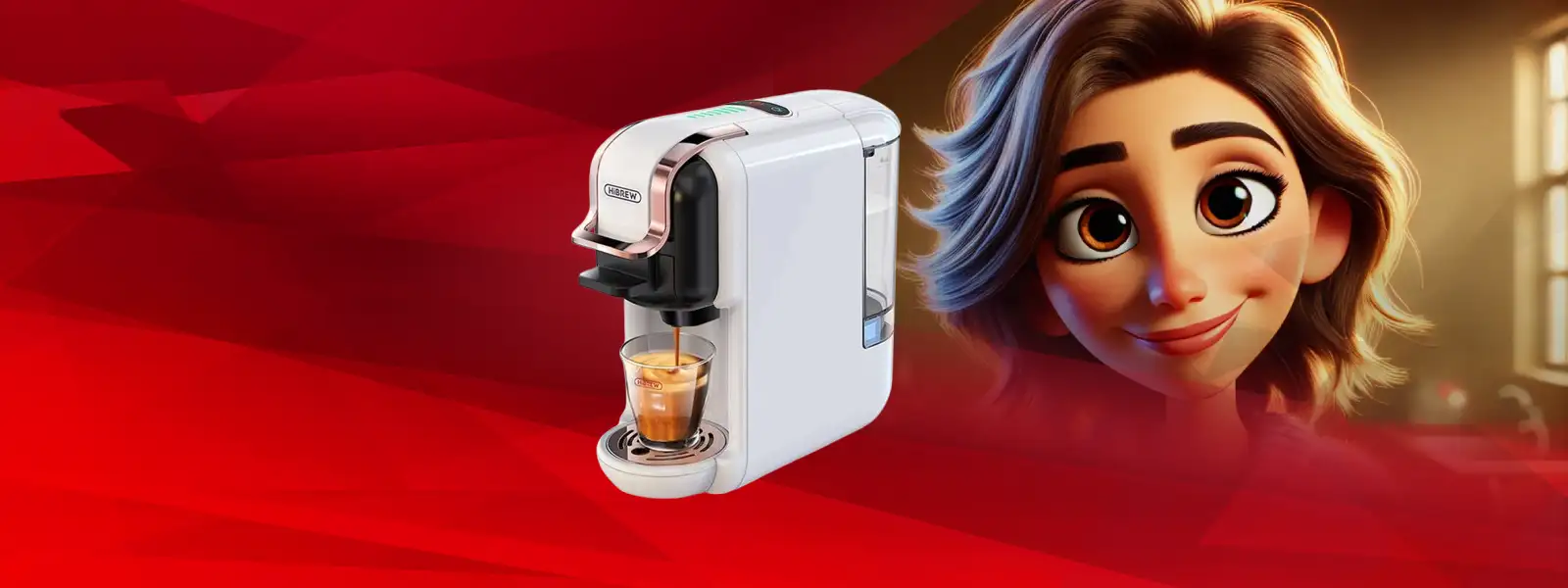 White nespresso coffee machine with black accents and a glass cup filled with espresso beneath it