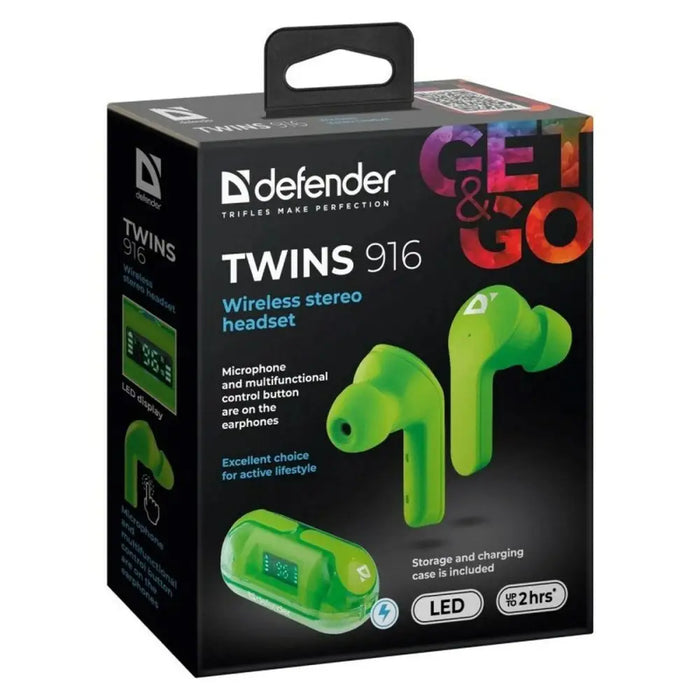 Wireless Earphones with Charging Case Defender TWINS 916 Green - Микрофони и слушалки<<<Електроника Периферни и