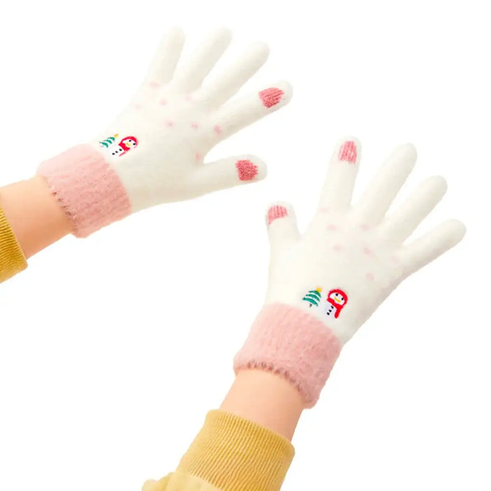Women’s winter telephone gloves with a snowman and a Christmas tree - white and pink - Cycling gloves<<<HurtelXML
