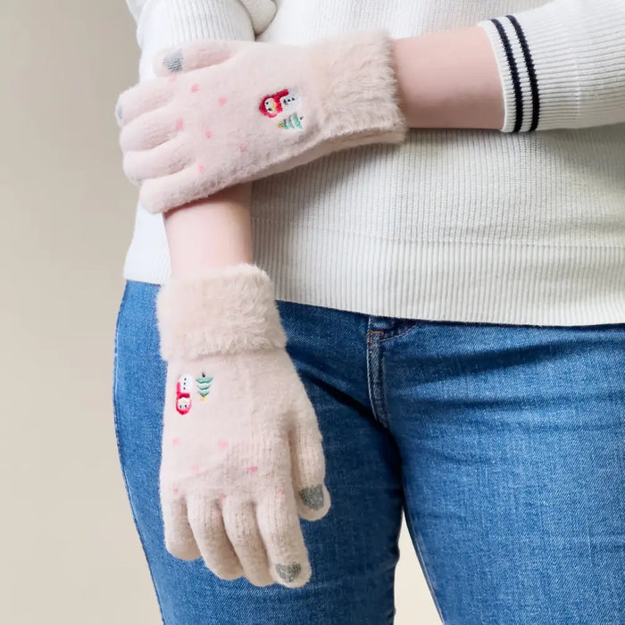 Women’s winter telephone gloves with a snowman and a Christmas tree - beige - Cycling gloves<<<HurtelXML