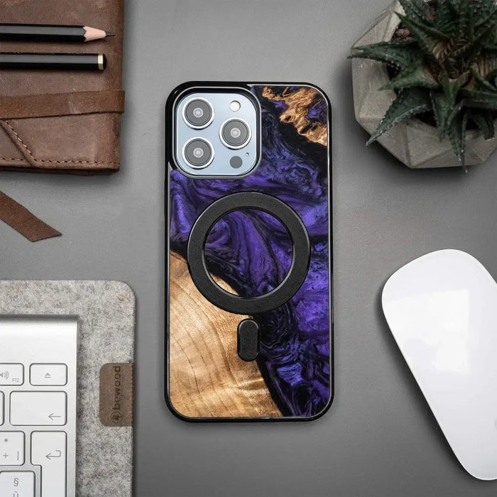 Wood and Resin Case for iPhone 14 Pro Max MagSafe Bewood Unique Violet - Purple and Black - Cell phone cases