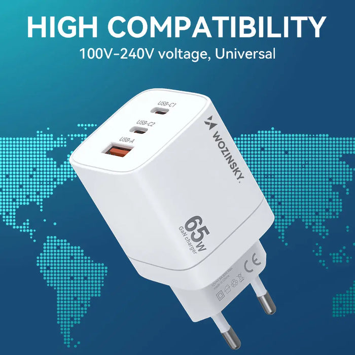 Wozinsky CGWCW 65W GaN Wall Charger USB-A / 2 x USB-C - White - Cell phone USB charger<<<HurtelXML